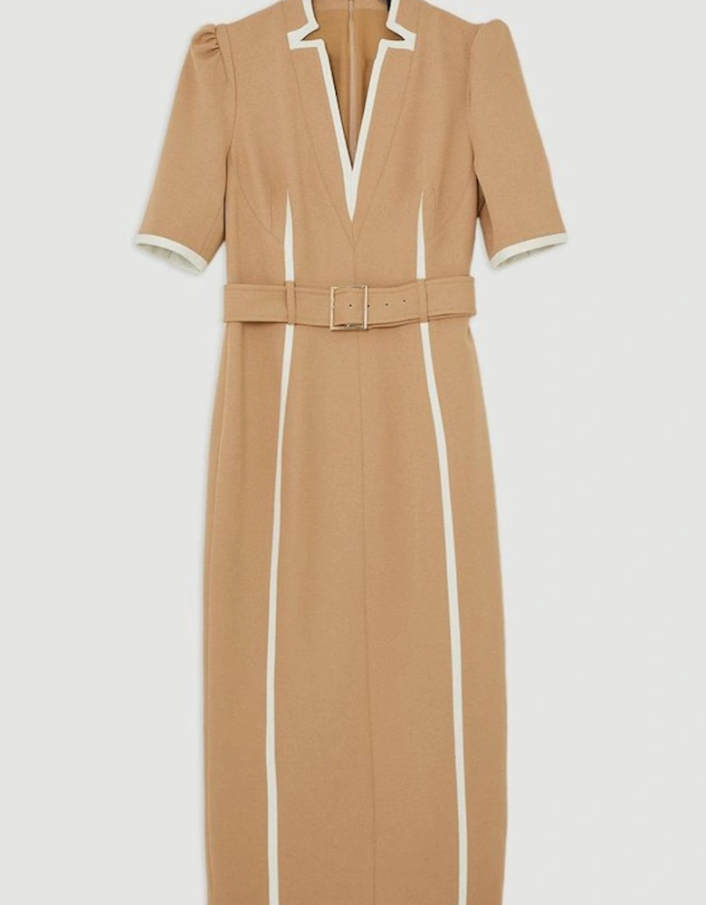Compact Stretch Contrast Tipped Forever Belted Tailored Midi Dress