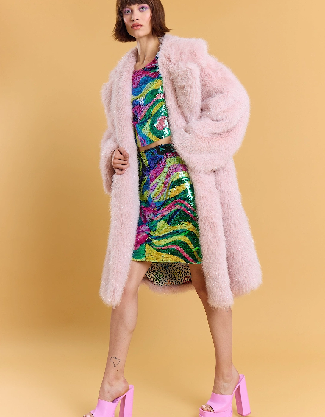 Pink Bamboo Metallic Faux Fur Maxi Coat