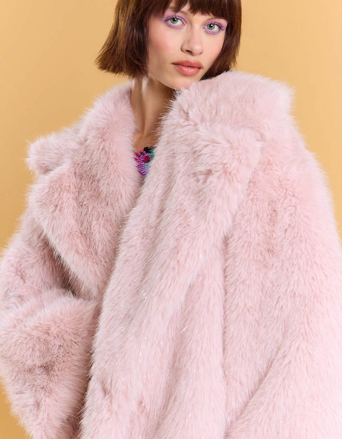 Pink Bamboo Metallic Faux Fur Maxi Coat