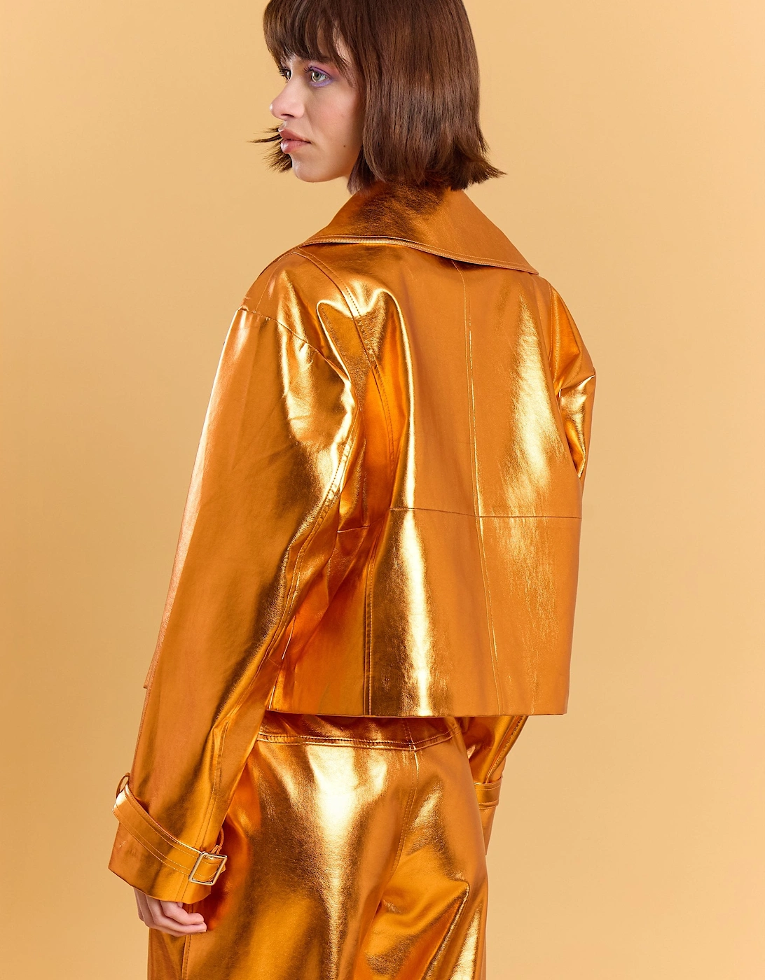 Orange Metallic Faux Leather Biker Jacket