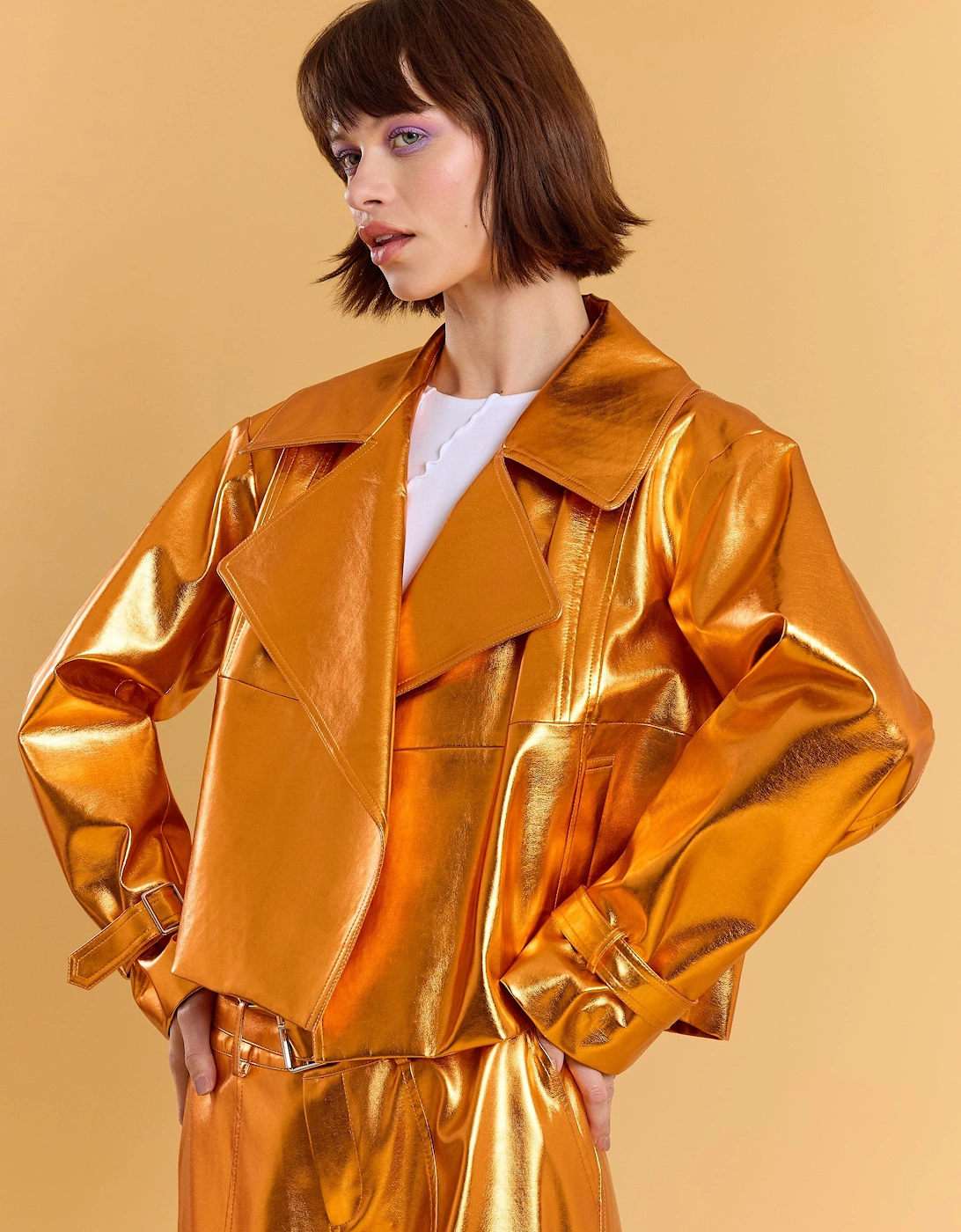 Orange Metallic Faux Leather Biker Jacket, 5 of 4