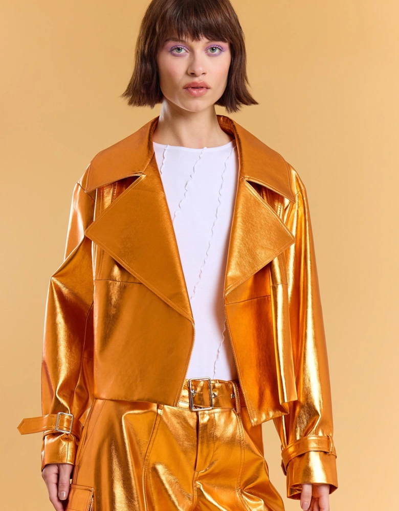 Orange Metallic Faux Leather Biker Jacket