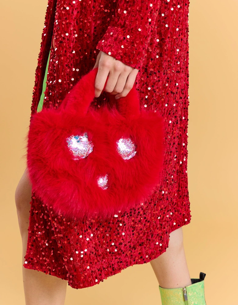 Red Bamboo Blend Faux Fur Sequin Bag