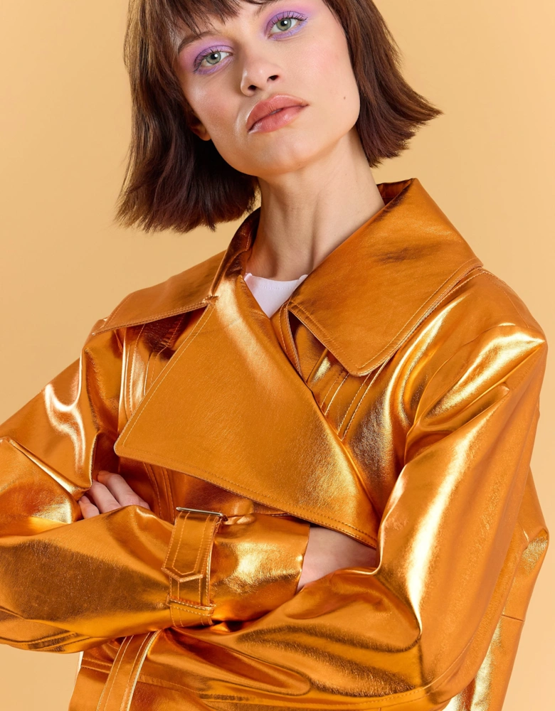 Orange Metallic Faux Leather Biker Jacket