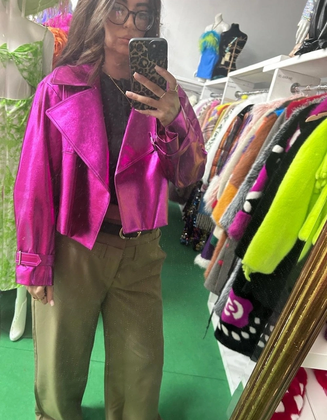 Metallic Pink Faux Leather Biker Jacket