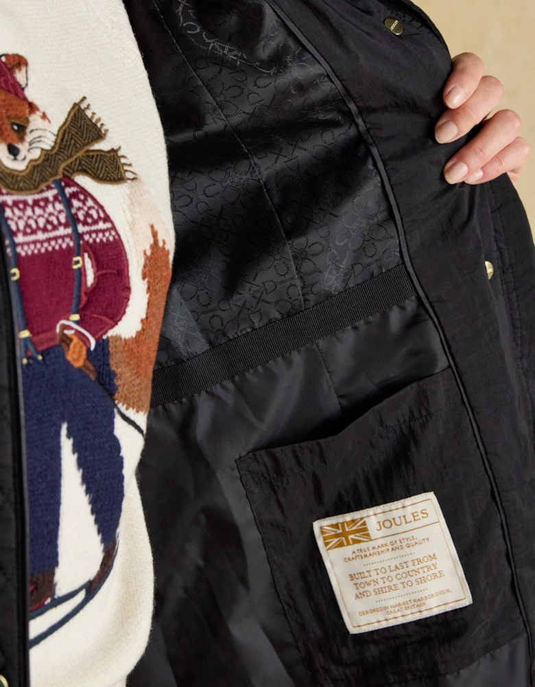 Rosewell Longline Quilted Showerproof Coat with Collar Black