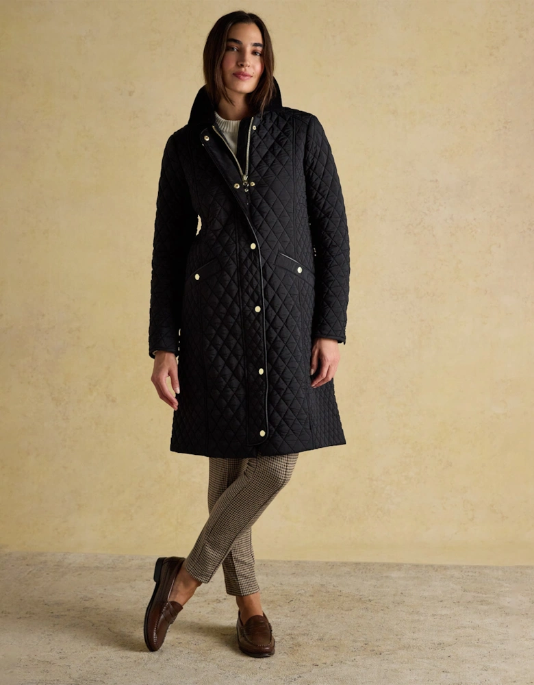 Rosewell Longline Quilted Showerproof Coat with Collar Black