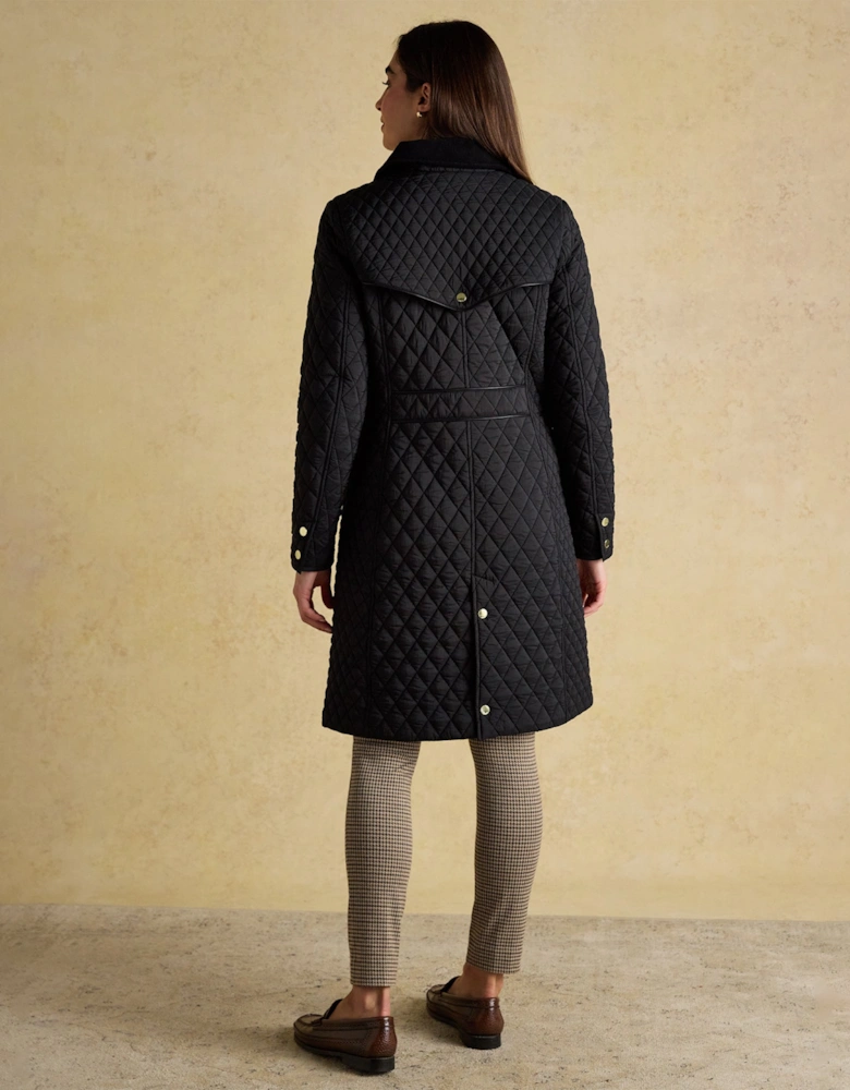 Rosewell Longline Quilted Showerproof Coat with Collar Black