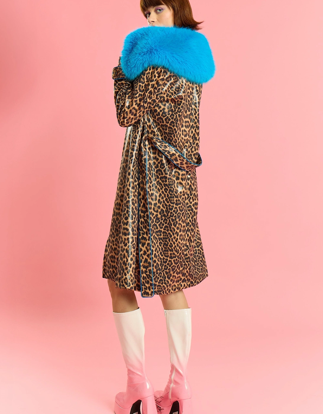 Faux Suede Trench Coat with Faux Fur Collar
