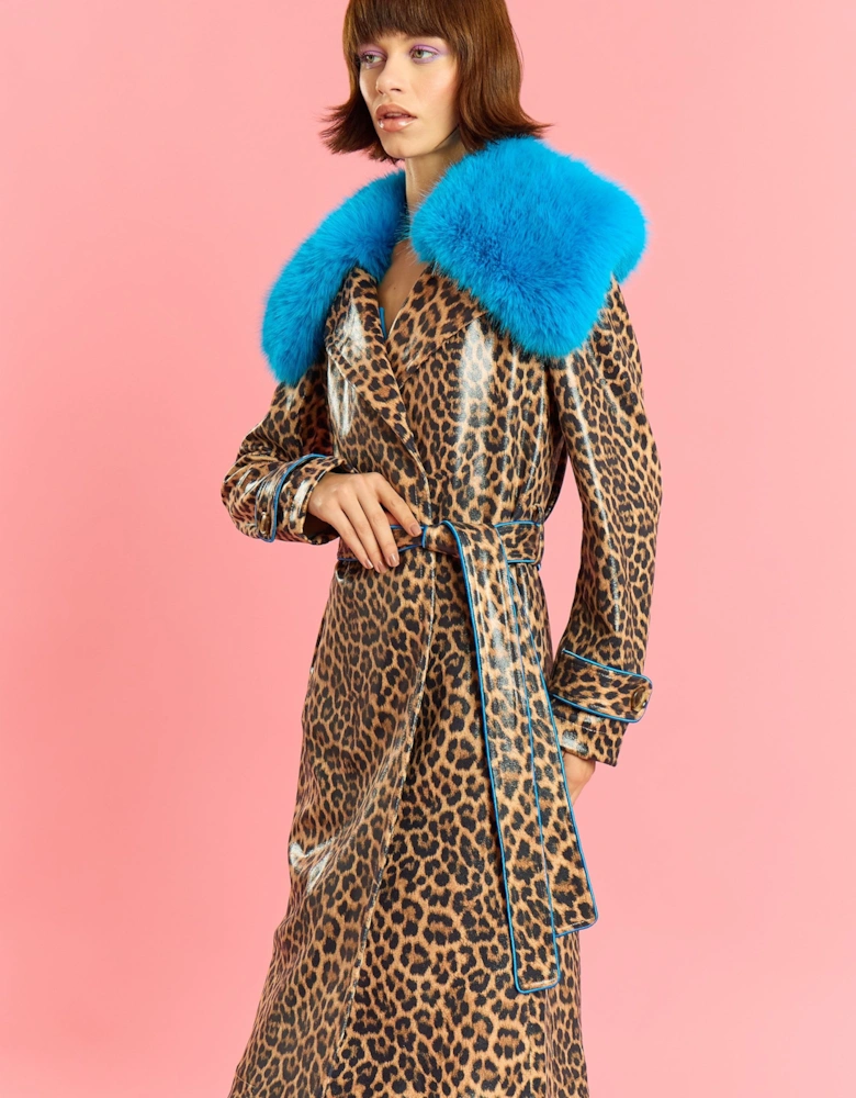 Faux Suede Trench Coat with Faux Fur Collar