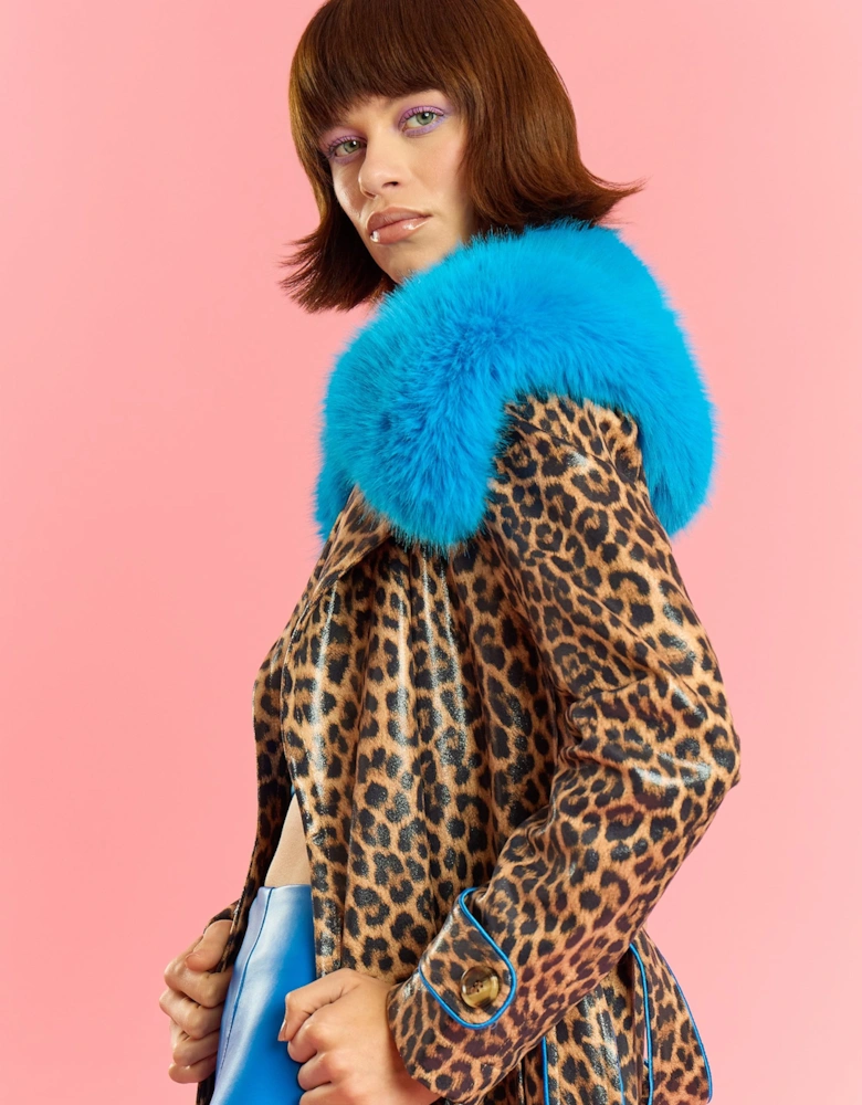 Faux Suede Trench Coat with Faux Fur Collar