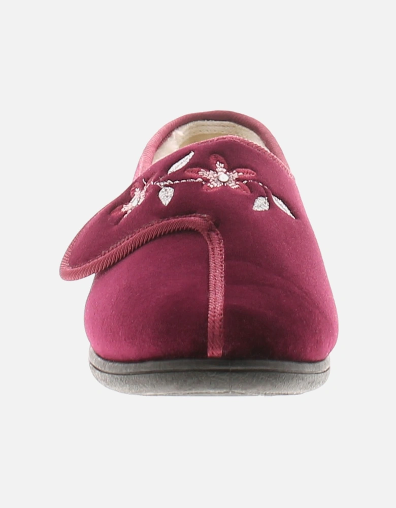 Womens Slipper Boots Bloom Velour Touch Fastening Plush Lining Red UK