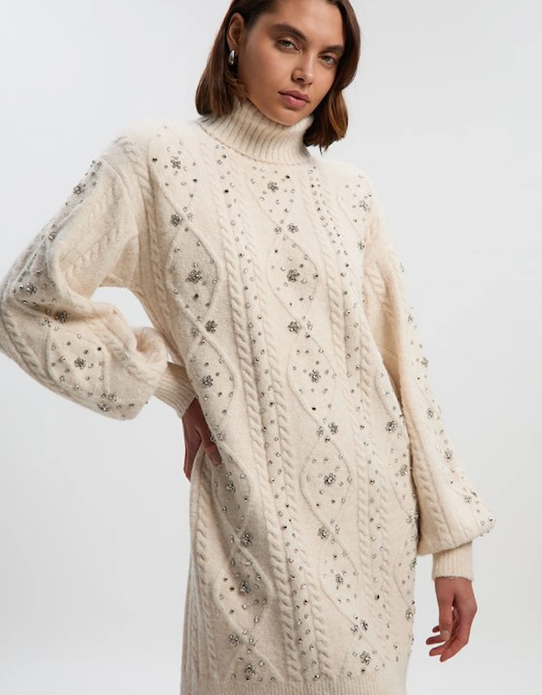 Wool Blend Embellished Cable Knit Jumper Mini Dress, 2 of 1
