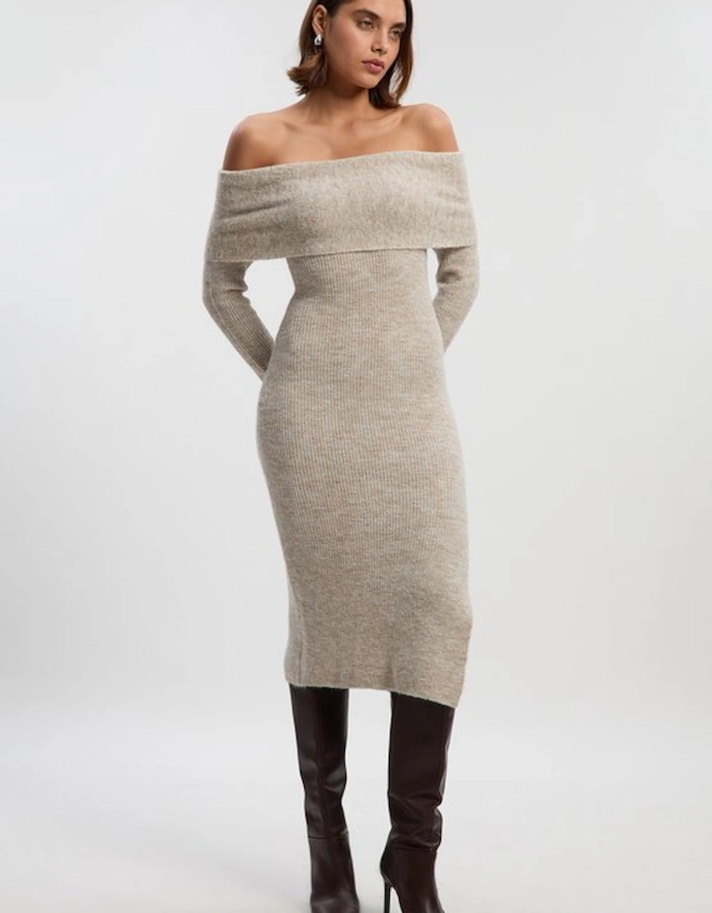 Wool Blend Cosy Bardot Knit Midi Dress
