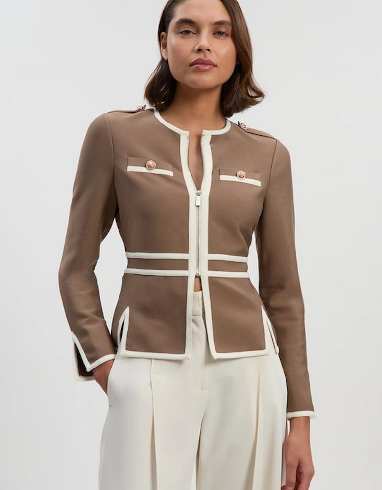 Figure Form Bandage Military Contrast Piping Knit Split Hem Jacket