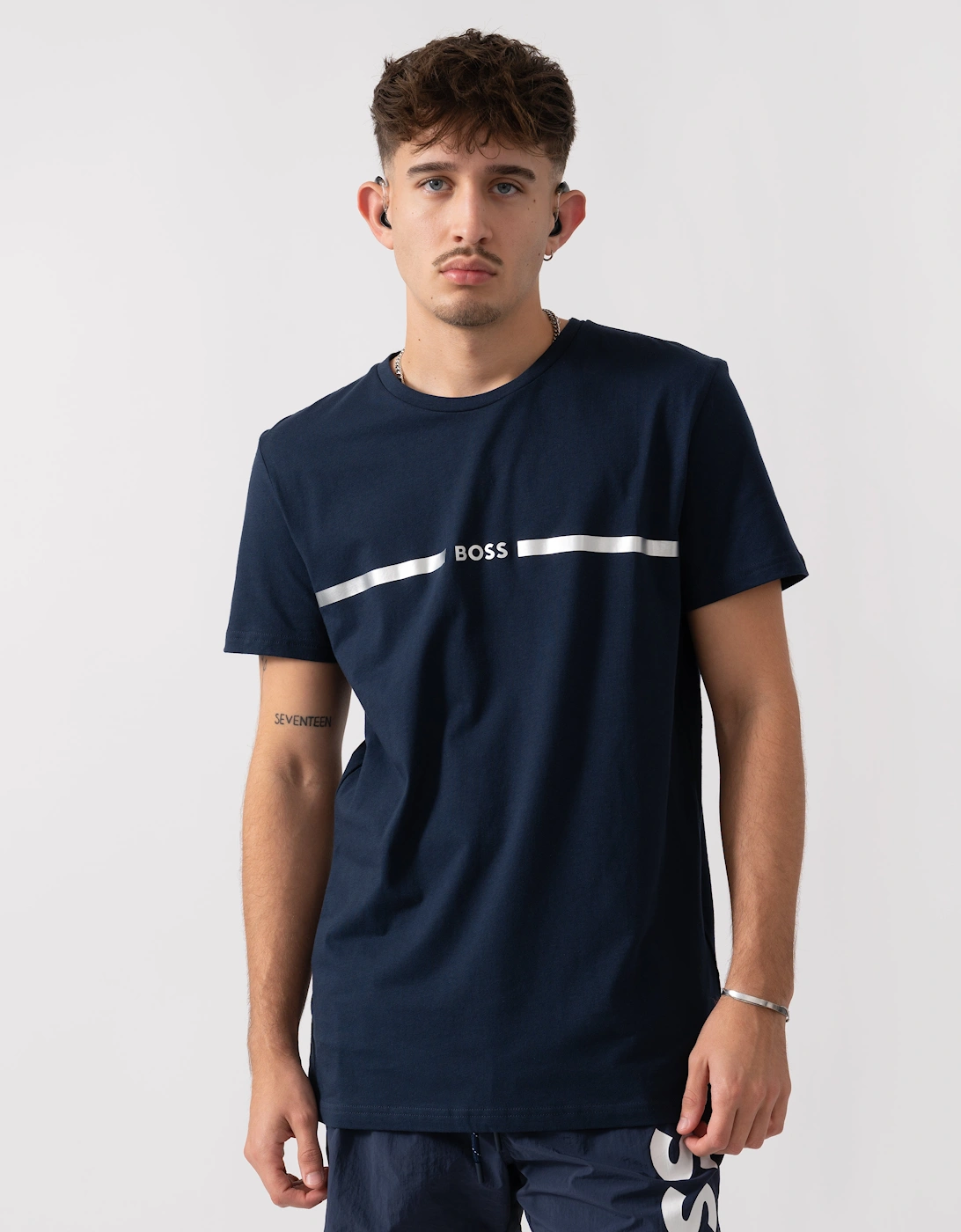 BOSS Orange Mens Metallic Stripe Logo T-Shirt - Navy 412, 6 of 5