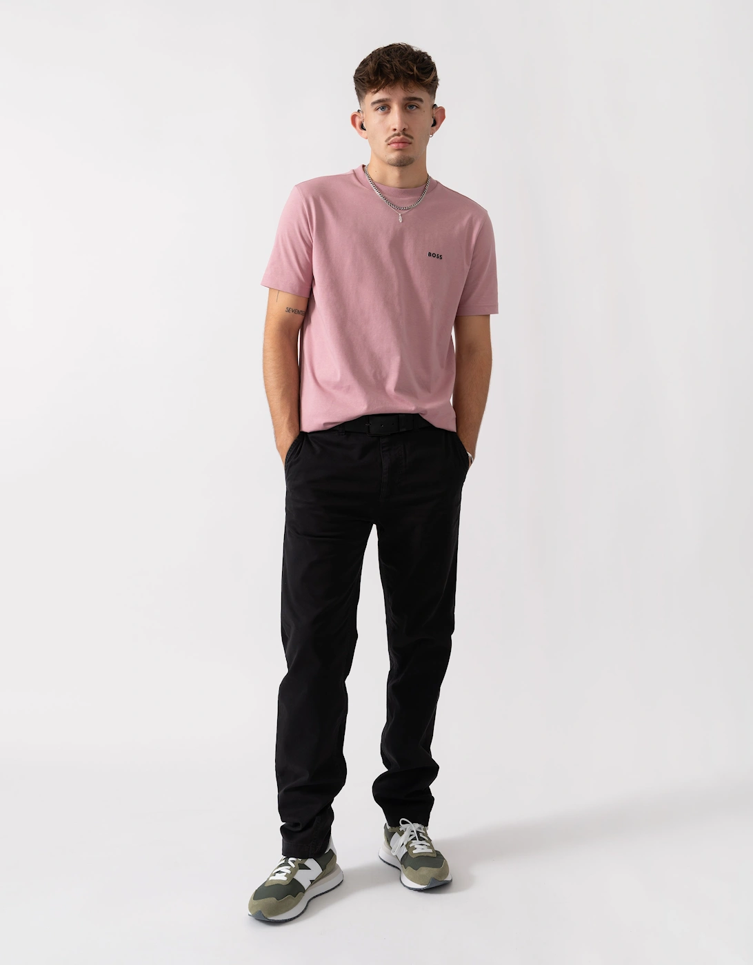 BOSS Green Tee Mens Stretch Cotton T-Shirt with Contrast Logo - Open Pink 696