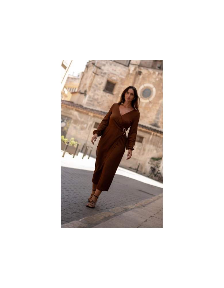 Brown Jersey Texture Wrap Metal Trim Midi Dress