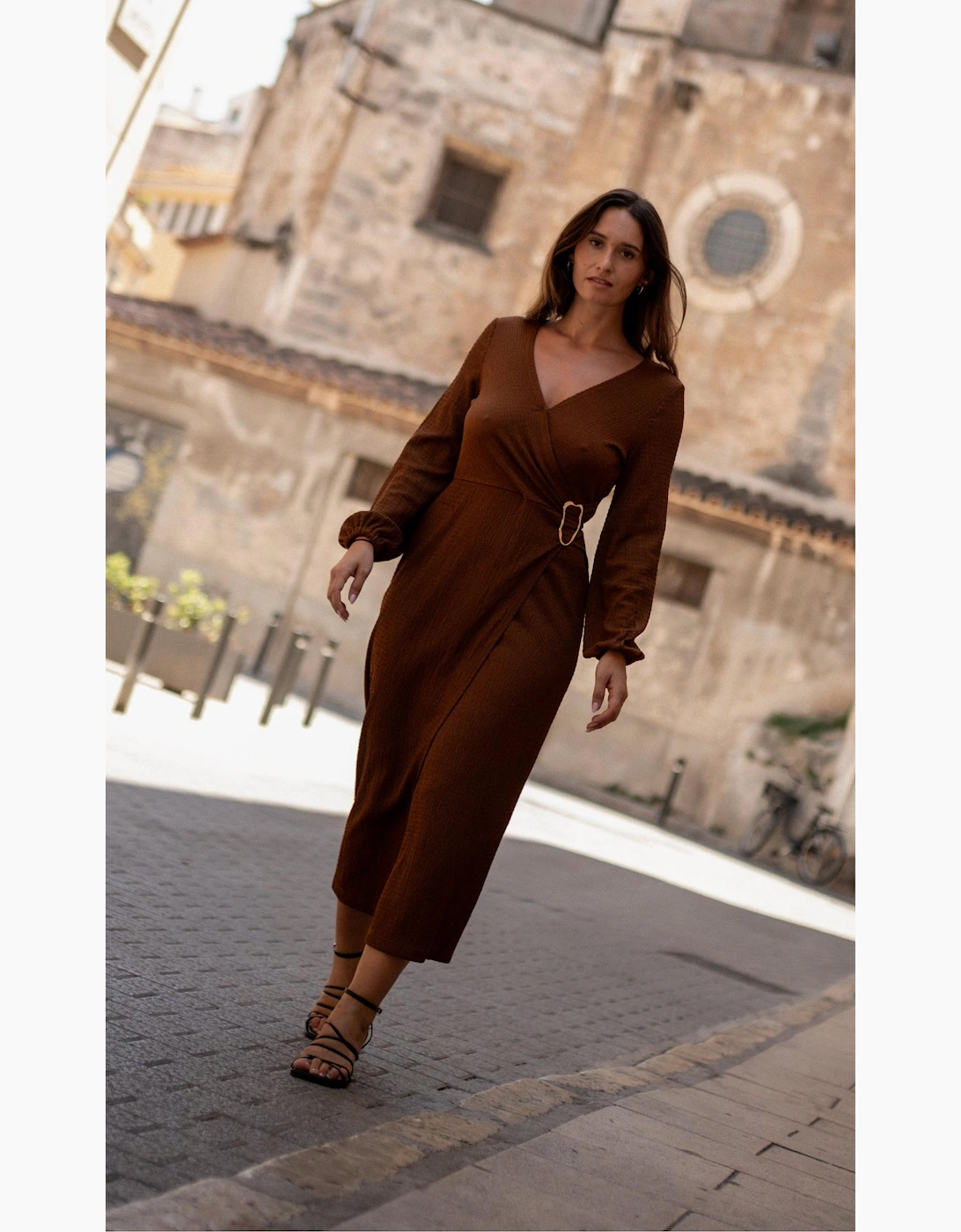 Gini London Women's Brown Jersey Texture Wrap Metal Trim Midi Dress - Size: 12