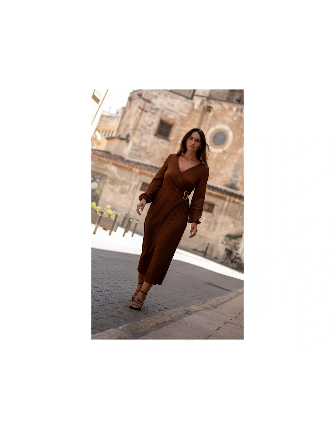Brown Jersey Texture Wrap Metal Trim Midi Dress, 9 of 8