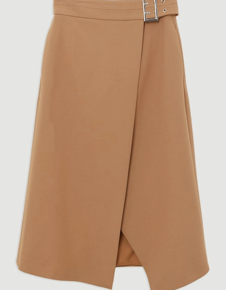 Compact Stretch Wrap Over Belted Tailored Maxi Skirt