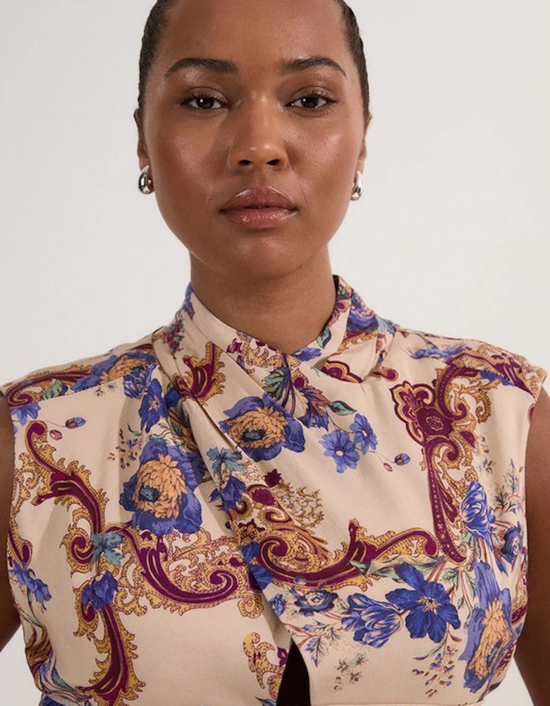Plus Size Premium Viscose Linen Paisley Border Print Woven Jumpsuit