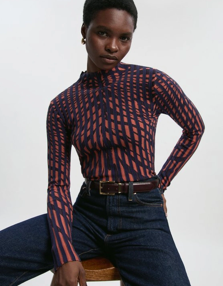Zebra Jacquard Knit Long Sleeve Top