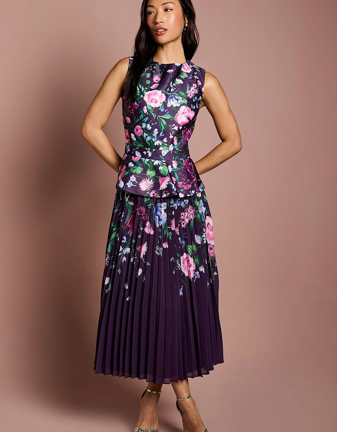 Structured Satin Placement Print Pleated Skirt Midi Dress, 2 of 1