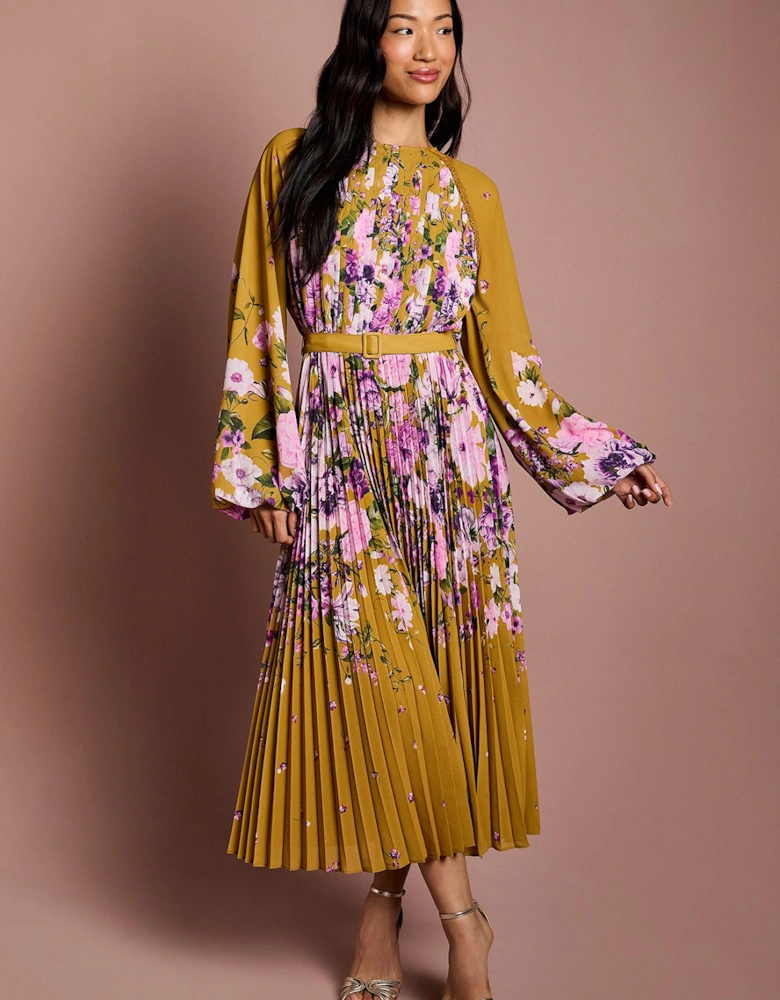 Long Sleeve Floral Pleated Georgette Midi Dress