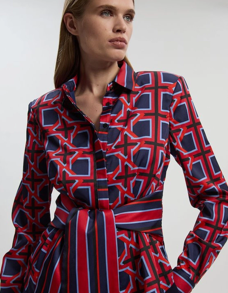 Geo Print Hammered Satin Tie Waist Woven Shirt