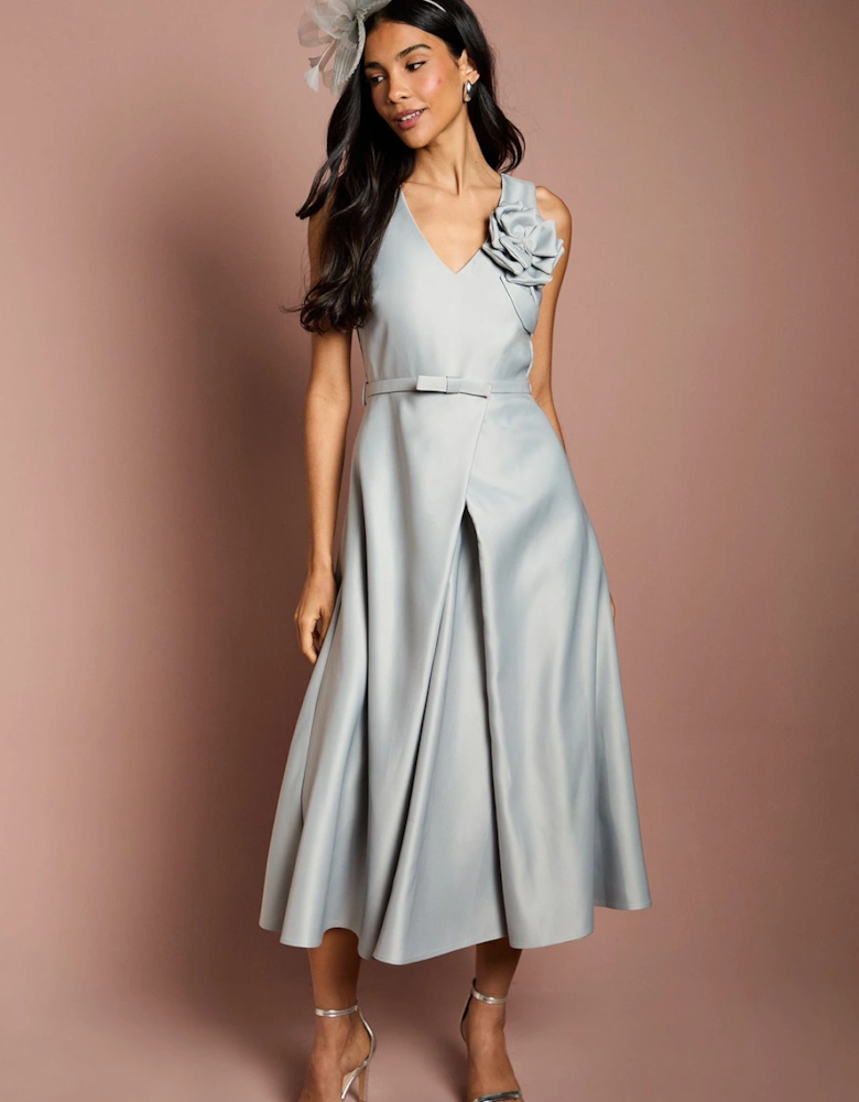 Structured Satin 3D Corsage Midi Dress