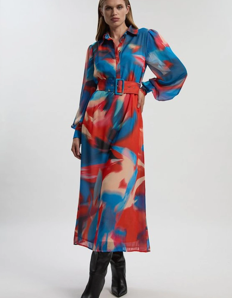 Georgette Belted Blur Print Woven Shirt Dress