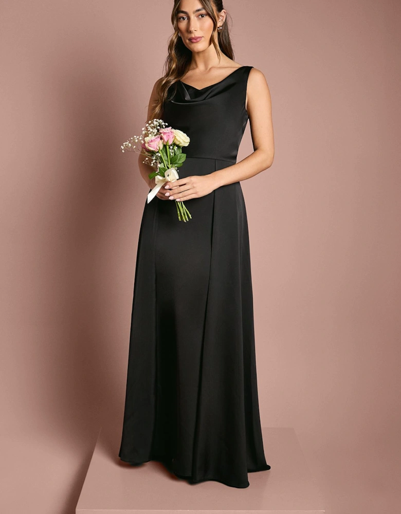 Honoured Sleeveless Cowl Neck Satin Maxi Bridesmaid Dress