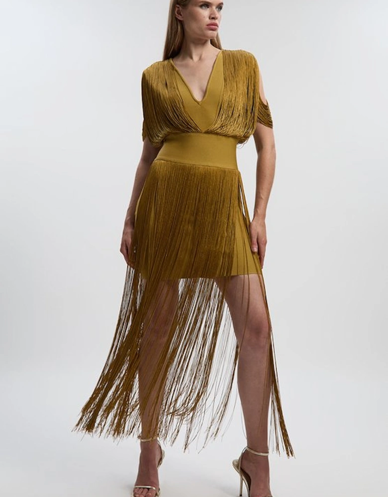 Figure Form Bandage Knit Fringe Detail Dress