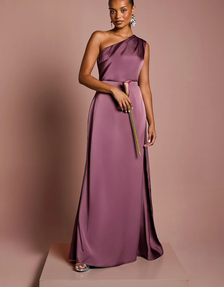 Honoured Petite Drape One Shoulder Satin Maxi Bridesmaid Dress