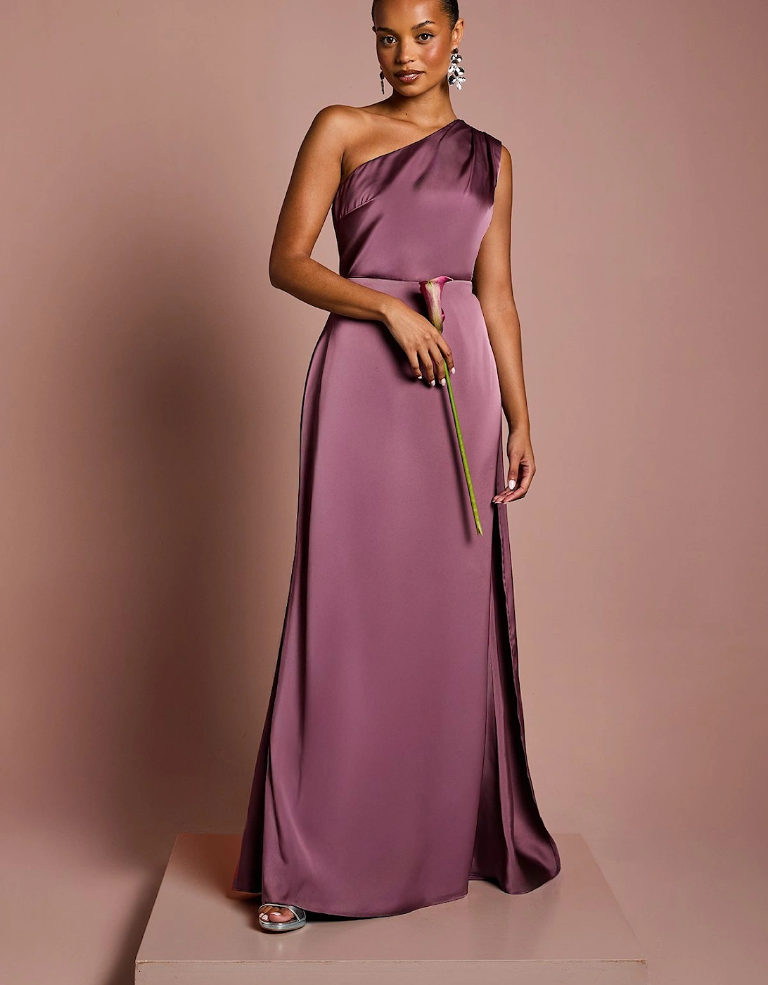 Honoured Petite Drape One Shoulder Satin Maxi Bridesmaid Dress, 2 of 1
