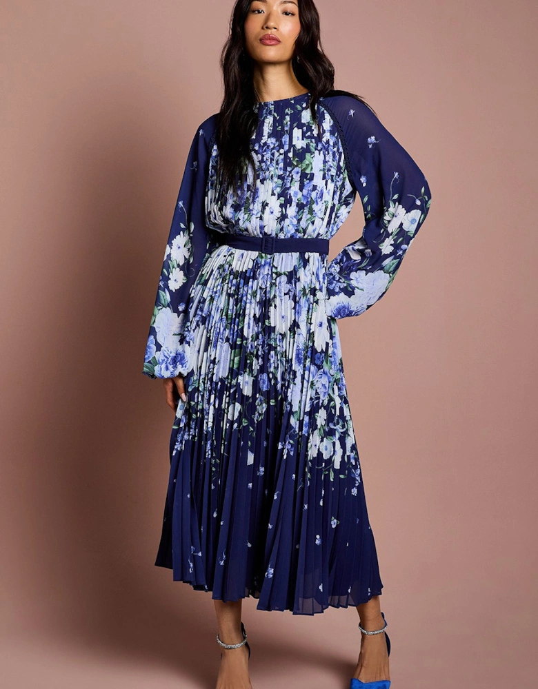 Long Sleeve Floral Pleated Georgette Midi Dress