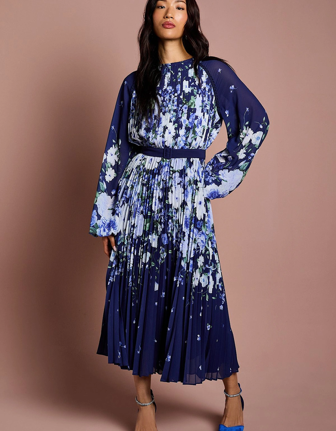 Long Sleeve Floral Pleated Georgette Midi Dress, 2 of 1