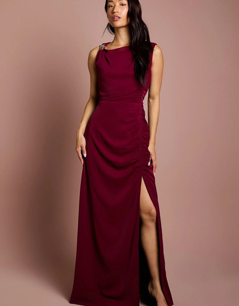 Sleeveless Ruched Midi Dress With Buckle Detail