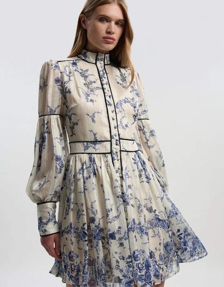 Floral Print Tie Neck Woven Balloon Sleeve Mini Dress