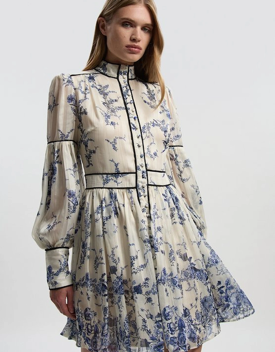 Floral Print Tie Neck Woven Balloon Sleeve Mini Dress, 2 of 1