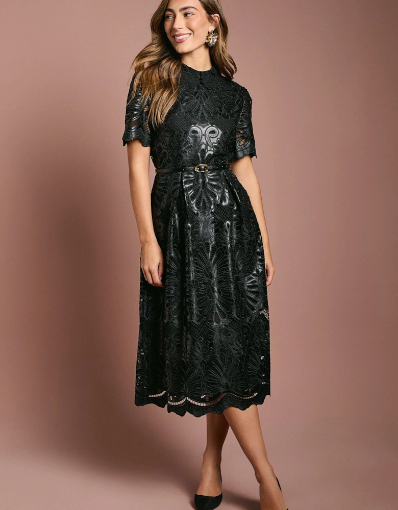 PU Lace Midi Dress With Belt