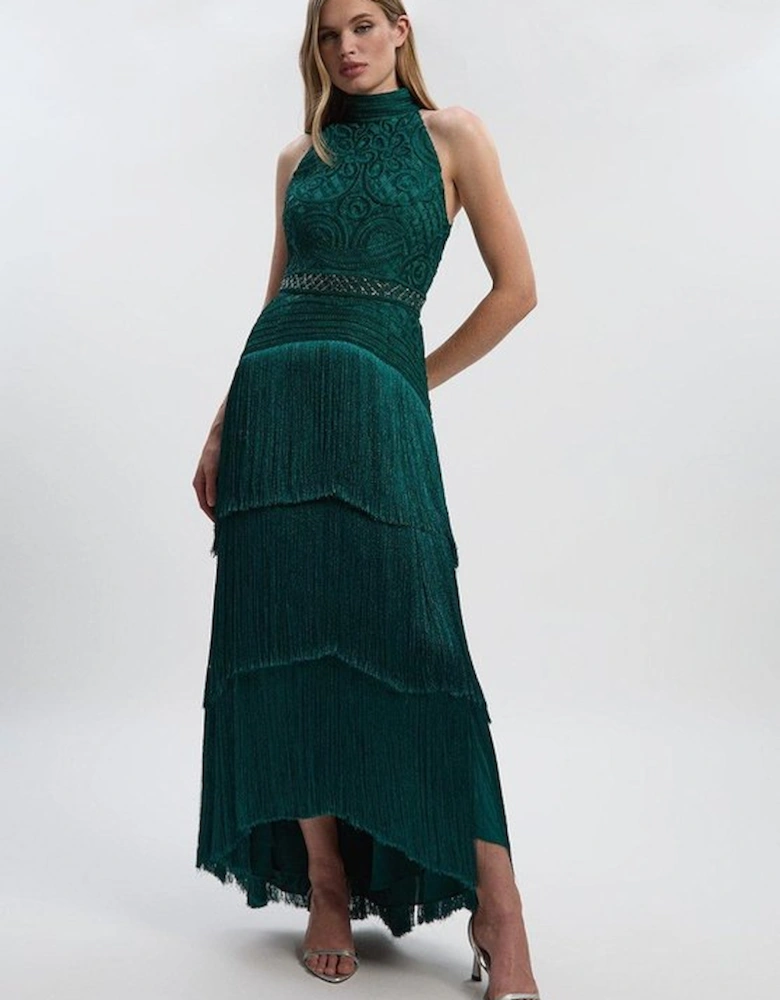 Fringed Beaded Halter Neck Woven Maxi Dress