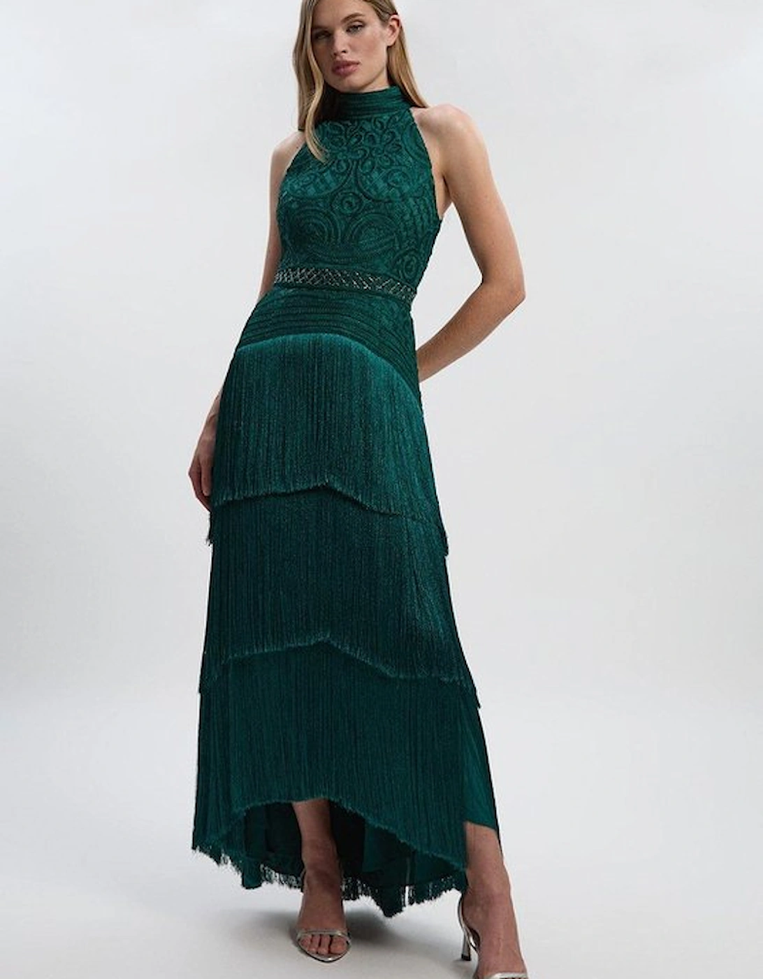 Fringed Beaded Halter Neck Woven Maxi Dress, 4 of 3