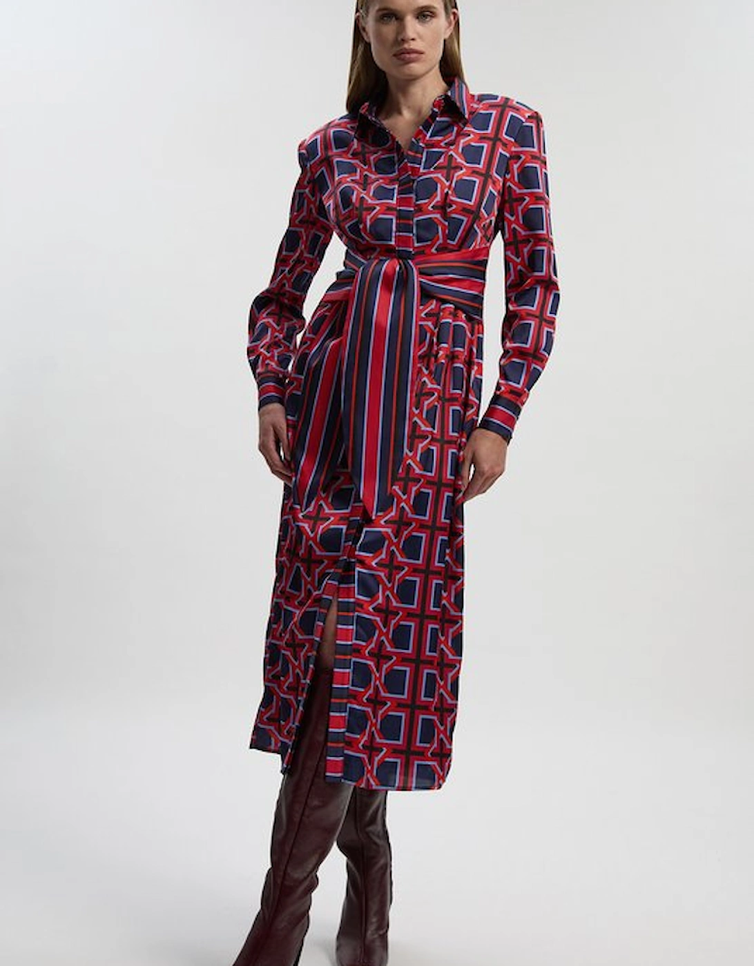 Geo Print Hammered Satin Tie Waist Woven Midi Dress, 2 of 1