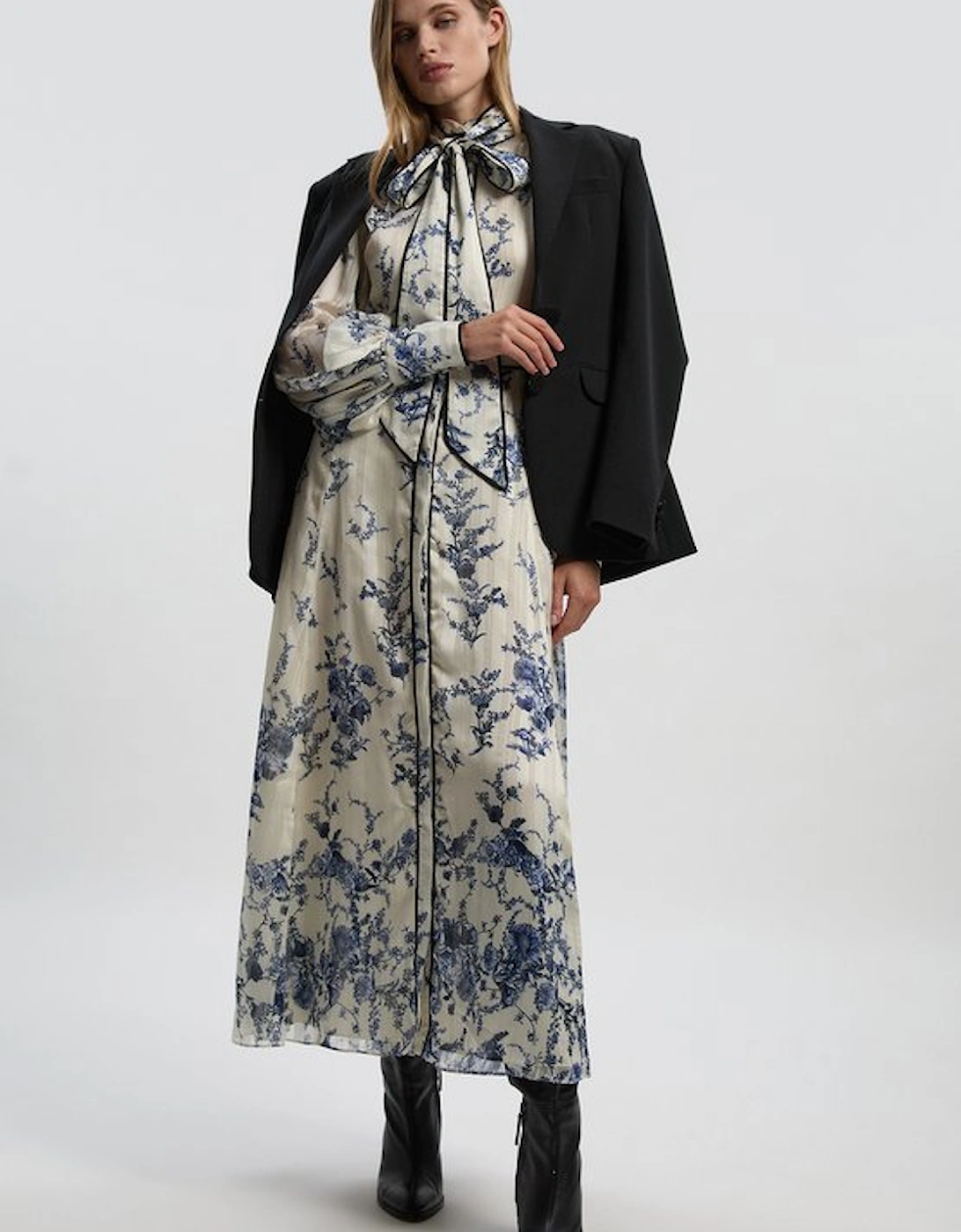 Floral Print Tie Neck Woven Balloon Sleeve Midaxi Dress, 2 of 1