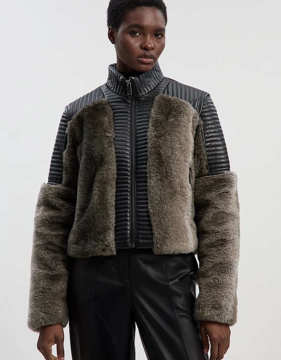 Faux Fur & Faux Leather Panelled Biker Short Coat, 2 of 1