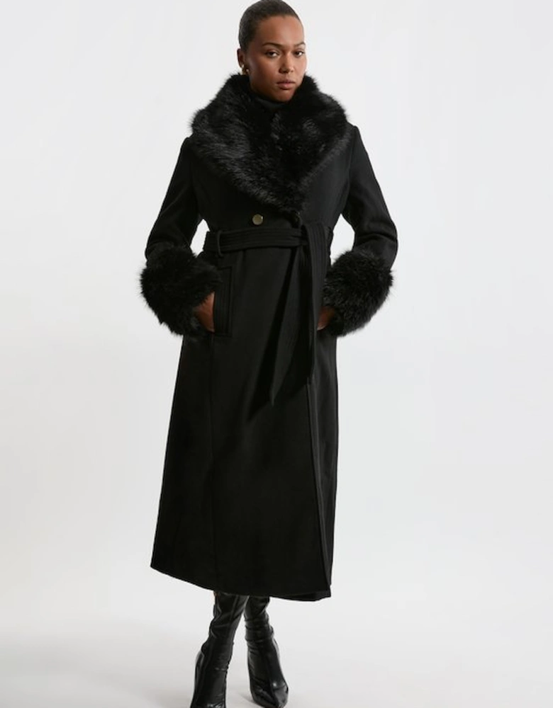 Plus Size Wool Blend Detachable Faux Fur Belted Midi Coat