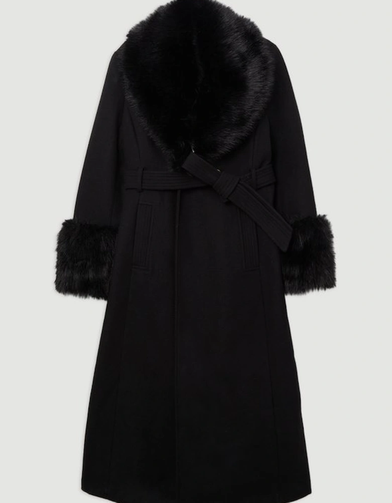 Plus Size Wool Blend Detachable Faux Fur Belted Midi Coat