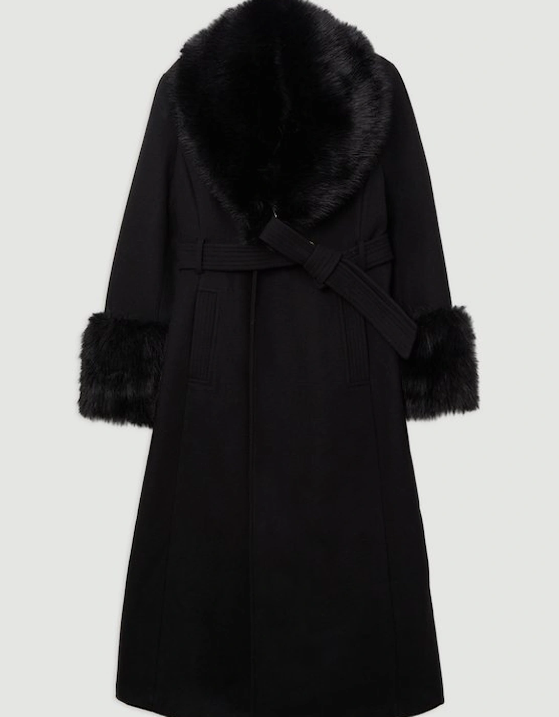 Plus Size Wool Blend Detachable Faux Fur Belted Midi Coat